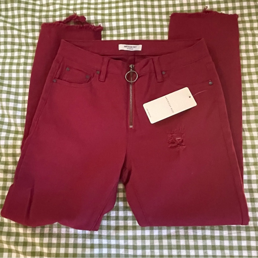 American Bazi Burgundy High-Waisted Jeans with Ring Accent